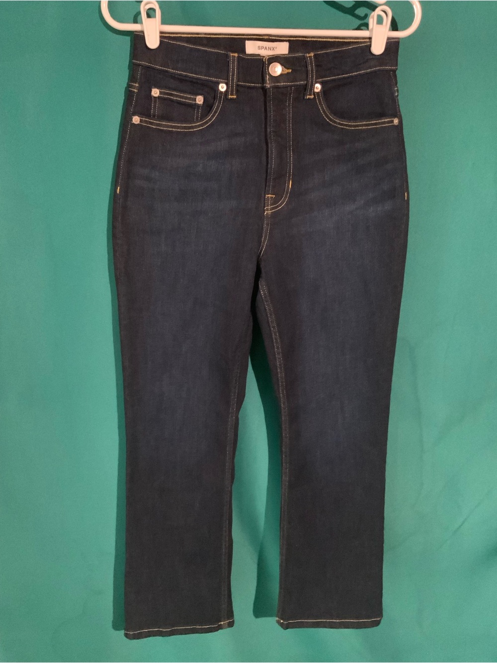 SPANX High Rise Bootcut Dark Indigo Jeans with Yellow Topstitching